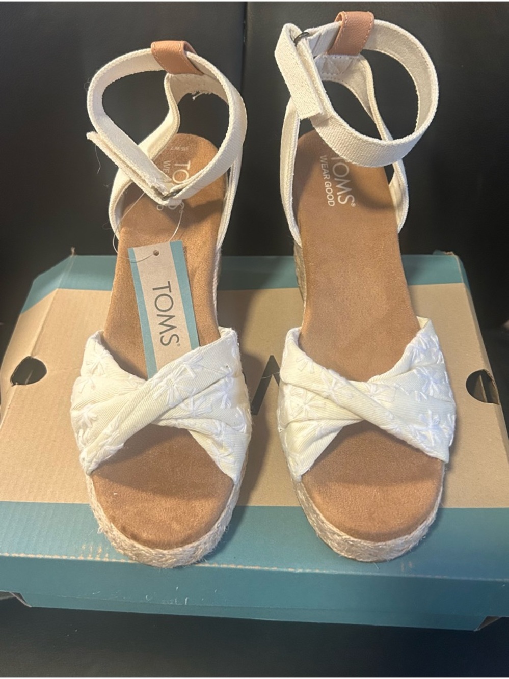 TOMS White Embroidered Espadrille Wedge Sandals with Ankle Strap